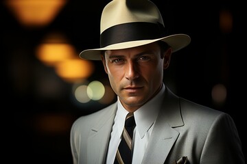 Dapper 1950s suit with a fedora hat, Generative AI. - obrazy, fototapety, plakaty