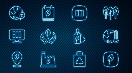 Set line Leaf Eco symbol, Earth melting to global warming, hand, globe leaf, Tag with and Calendar autumn leaves icon. Vector