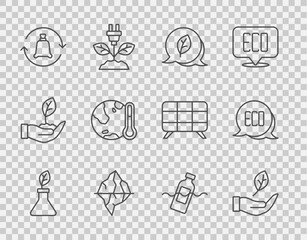 Set line Plant breeding, Leaf hand, Eco symbol, Iceberg, Garbage bag with recycle, Earth melting to global warming, The problem of pollution and icon. Vector