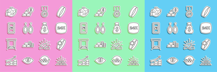 Set line Gold bars, ring, 24k, medal, Earrings, nugget and Old money bag icon. Vector
