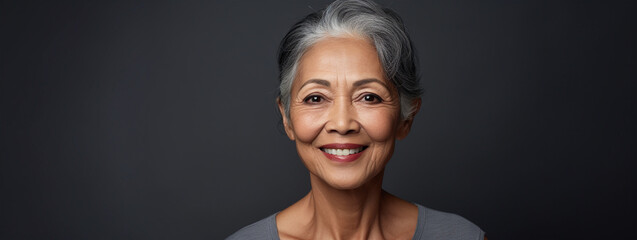 Studio portrait of elegant mature Asian woman with friendly smiling expression, dark gray background