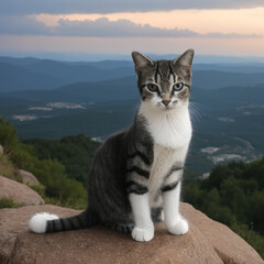 Obraz premium cat on the rocks. American short-hair cat. Emotion serious cat at the top mountain