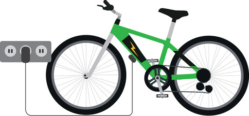 Vector illustration of a modern electric bicycle charging it's batteries with wall outlet plug wire