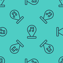 Black line Music note, tone icon isolated seamless pattern on green background. Vector