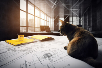 a cat is drawing architecture on paper