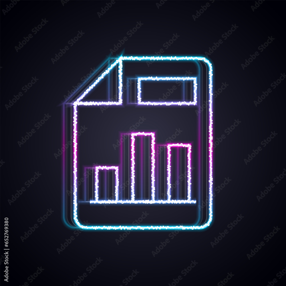 Poster glowing neon line document with graph chart icon isolated on black background. report text file icon