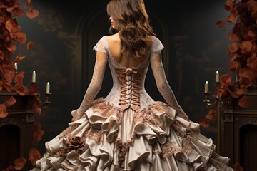 Victorian era bustle gown showcasing intricate lace and ribbons, Generative AI - obrazy, fototapety, plakaty