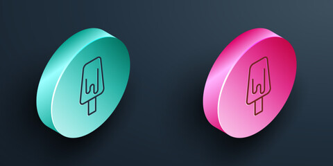 Isometric line Ice cream icon isolated on black background. Sweet symbol. Turquoise and pink circle button. Vector