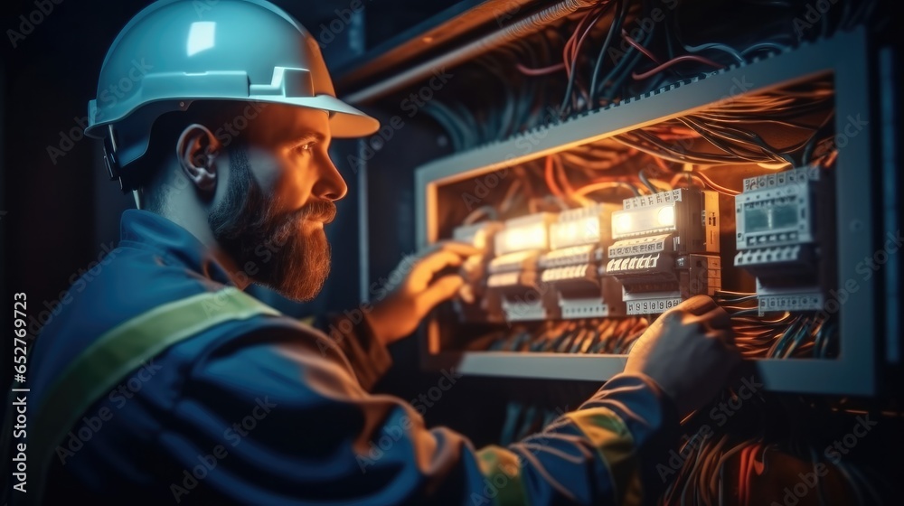 Poster electrician man installing a electric switchboard system.