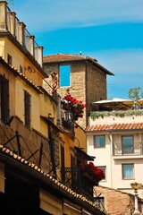 Beautiful vertical view of old houses with red flowers on a balcony