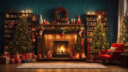 Fireplace Room Christmas Digital Backdrop photography background Christmas tree stockings props Christmas presents gift box overlays library