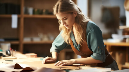 Young woman working in the leather workshop.