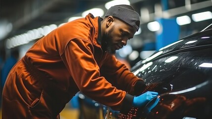 Male mechanic polishing car in repair shop, Car body polishing concept.