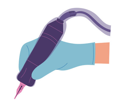 Hand in gloves holding modern pen like tattoo or pmu machine, covered with a sterile sleeve. Isolated vector illustration