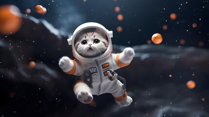 Cute little cat in space wearing spacesuit. Exploration concept