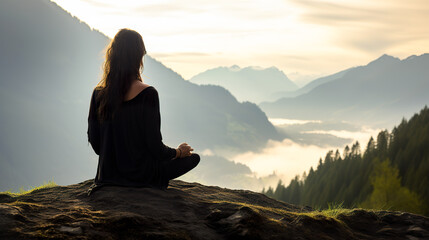 Young woman sitting on the mountain and meditating, meditation and yoga on top of mountain, relaxing beautiful landscape, sunset, sunrise and scenery. - obrazy, fototapety, plakaty
