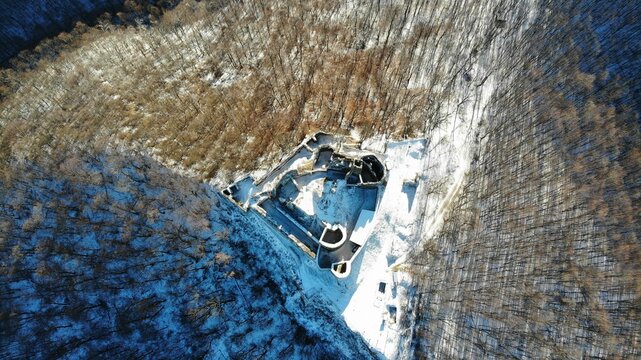 Bird's eye view of the Jasenov Castle in winter, Humenne District, Slovakia