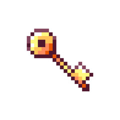 Obraz premium Pixel Art Key Icon. 8bit Retro Game Door or Chest Golden Key Sticker. Vintage 80s, 90s Arcade Video Game Style Element for Game Asset or Sprite, Interface Symbol, or decorative pattern.