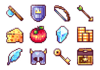 Pixel Art Game Adventure Icons. 8bit style stickers of Pixelated Game Assets - Axe, Shield, Bow, Arrow, Apple, Crystal, Coins. Helmet, Chest, Treasures, Key for Retro 80s Arcade Games. Isolated Vector