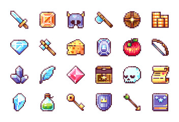 Pixel Art Game Elements Collection. 8bit Video Games Icons. Pixelated Weapons, Armor, and Assets - Sword, Scroll, Axe, Hammer, Skull, Helmet, Shield, Gems, Potion, and More Classic 90s Game Items.