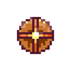 Fototapeta premium Pixel Art Shield Icon. 8bit Retro Game Block Wooden Armor, Sticker. Vintage 80s, 90s Arcade Video Game Style Element for Game Asset or Sprite, Interface Symbol, or decorative pattern.