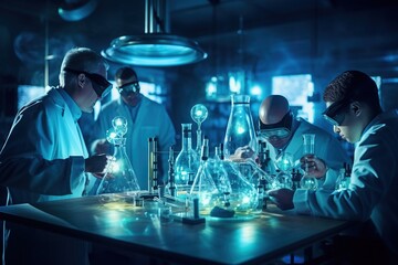 biochemical research scientist team working with a microscope for coronavirus vaccine development in a pharmaceutical research laboratory, selective focus