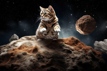 a cat in space standing on an asteroid
