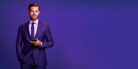 portrait of professional businessman in business suit with hand in pocket holding mobile phone and looking at camera on purple background, , advertising promotion banner, copy space