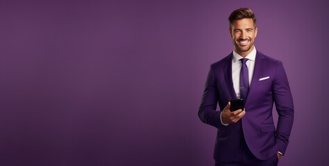 portrait of professional businessman in business suit with hand in pocket holding mobile phone and looking at camera on purple background, advertising promotion banner, copy space - Powered by Adobe