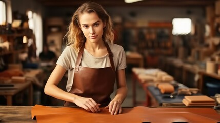 Fototapeta na wymiar Young woman working in the leather workshop.