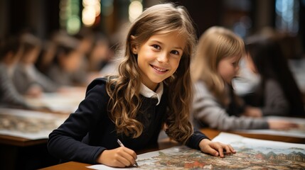 Fototapeta premium Happy schoolgirl study in school class