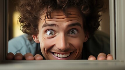 A man with a crazy smile secretly spies on someone - obrazy, fototapety, plakaty