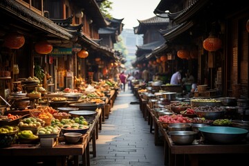 Bustling street market in a foreign city, Generative AI