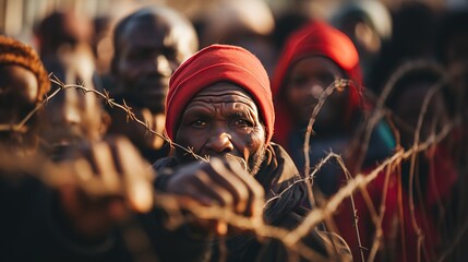 Behind a chain-link fence is a crowd of confused status illegal migrants from poor African countries. Migrant encampment - obrazy, fototapety, plakaty