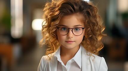 Young girl with glasses has vision problems from an early age. Eye health care - obrazy, fototapety, plakaty