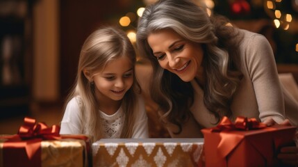 Obraz na płótnie Canvas Mom helping daughter make Christmas gift box.