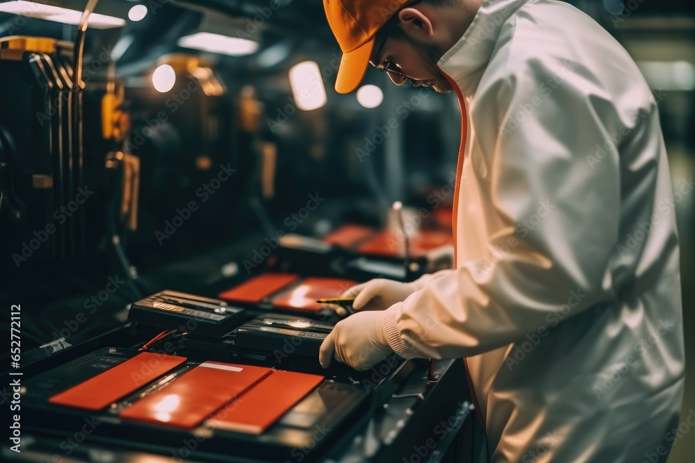 Aufkleber worker with security clothes and gloves is testing a battery from an electric car in a modern factor