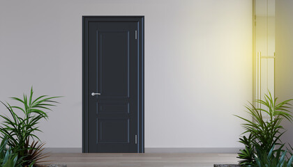 Door way with dark blue wood door.