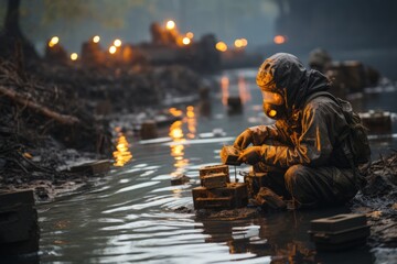  Environmental activist at work in a polluted river, Generative AI - obrazy, fototapety, plakaty