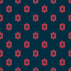 Red line Turtle icon isolated seamless pattern on black background. Vector