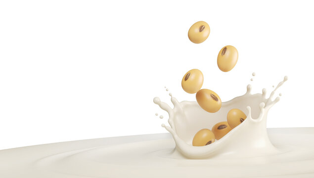Soy milk pouring and Splash with Soy beans, 3d rendering.