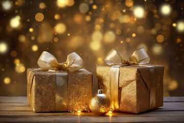christmas and new year golden background. Gift boxes, pine cones, christmas balls and festive bokeh.