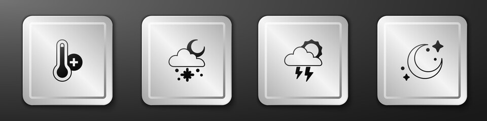 Set Meteorology thermometer, Cloud with snow and sun, Storm and Moon stars icon. Silver square button. Vector