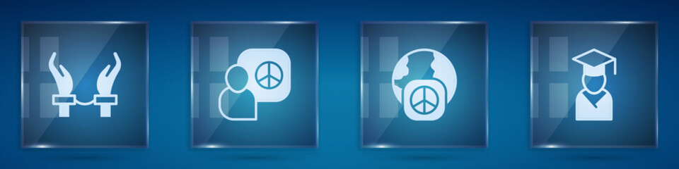 Set Handcuffs on hands of criminal, Peace talks, International day peace and Graduate graduation cap. Square glass panels. Vector