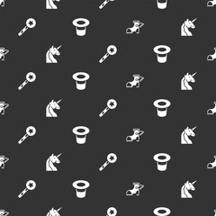 Set Hermes sandal, Unicorn, Magic wand and hat on seamless pattern. Vector