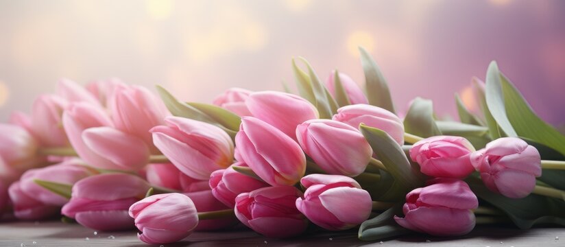 Flowers with pink tulips on a blurred background perfect for Valentine s and Mother s Day