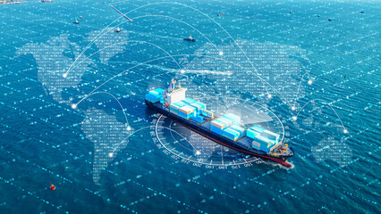 AI technology. Global Logistics international delivery concept, World map logistic and supply chain network distribution container Ship running for export import to customs cean concept isometric.
