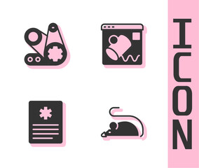 Set Experimental mouse, Timing belt kit, Patient record and Data visualisation icon. Vector