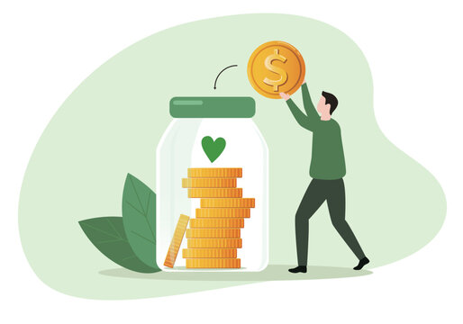 Donation illustration. Characters putting money and hearts in jar. Financial support concept. Vector illustration.