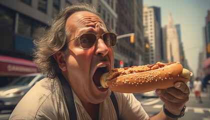 A very hungry homeless person is eating a hotdog on the street. - obrazy, fototapety, plakaty